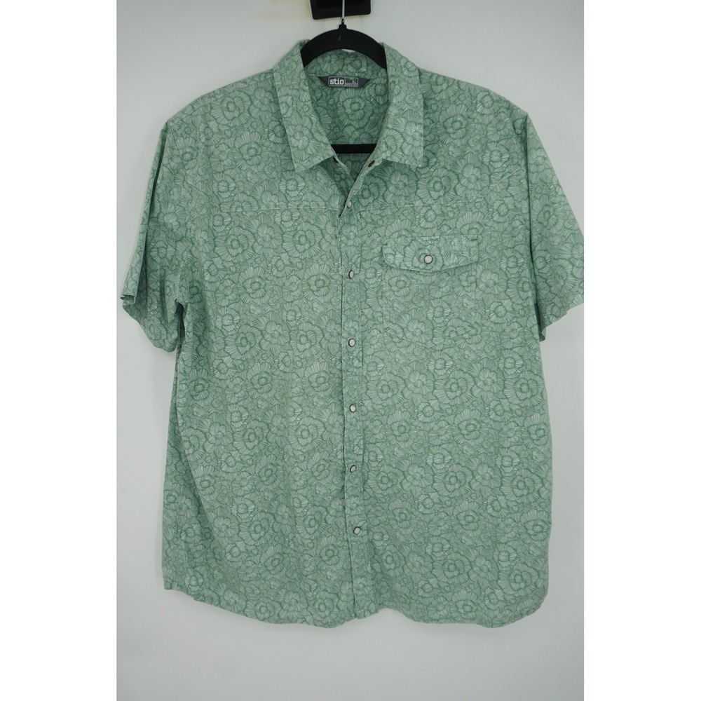 Stio Shirt Green Floral Organic Cotton Snap Front Short Sleeve Casual Men's XL